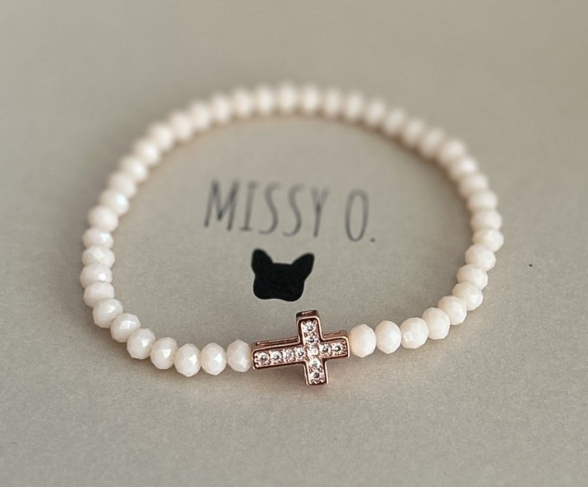 Meruňková sklíčka s rose gold křížkem se zirkony